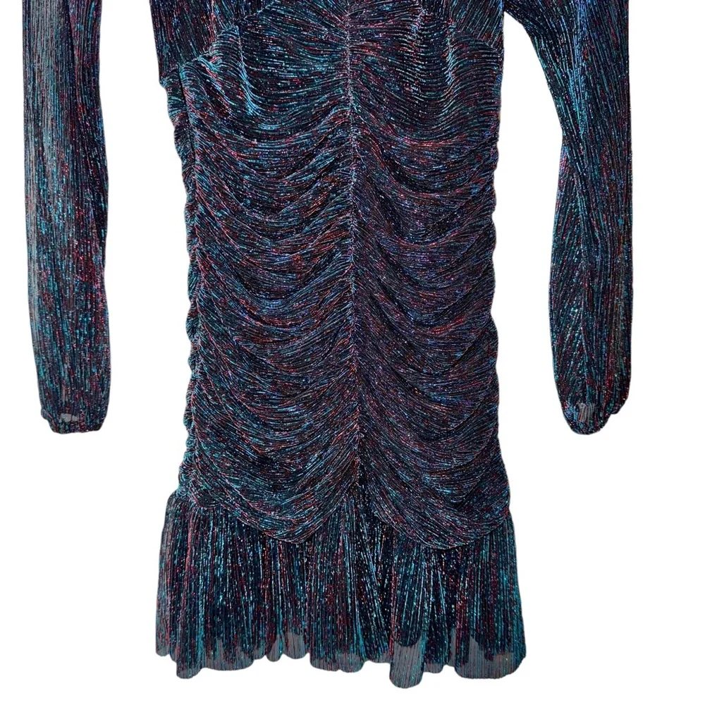 Skies Are Blue Runched Sheer Long Sleeve Black Teal Metallic Midi Dress - Picture 8 of 13